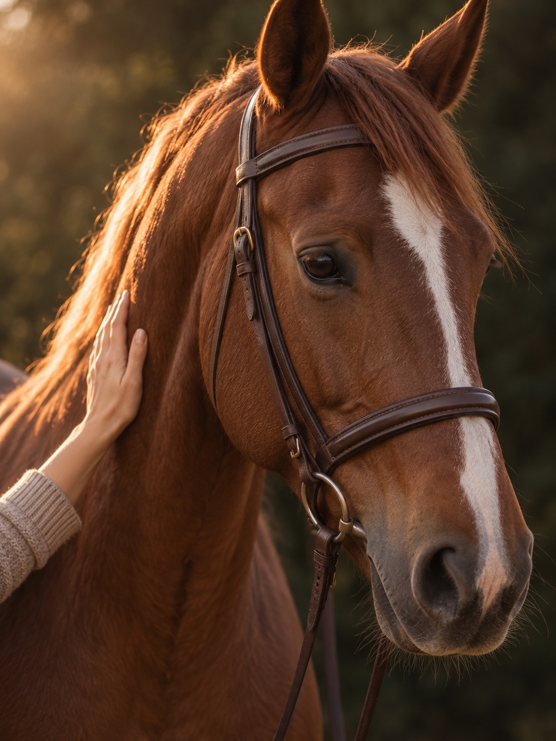 Portrait d’un cheval et contact d’une main, image d’ambiance