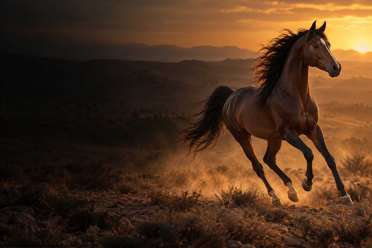 Cheval au galop dans la lumière dorée, image d’ambiance